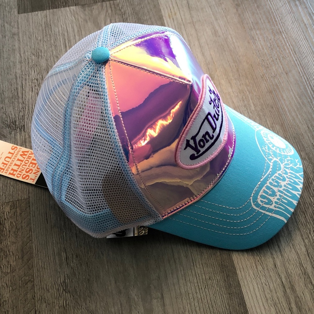 Von Dutch Purple Holographic Trucker Hat Logo Patch & Turquoise Bill OS NWT - Picture 15 of 16